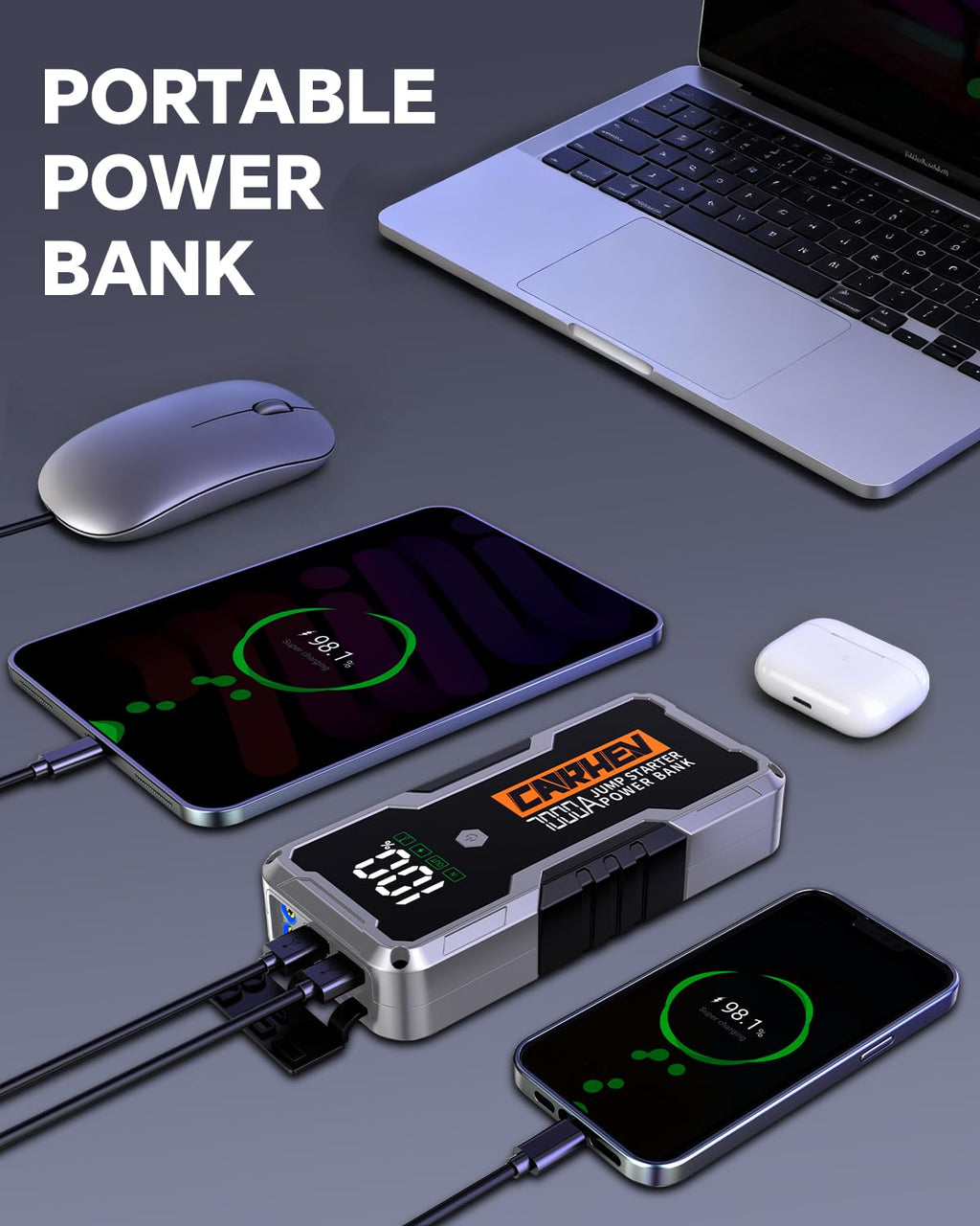Car Battery Jump Starter Portable 12V with Jumper Cables LED Light D797