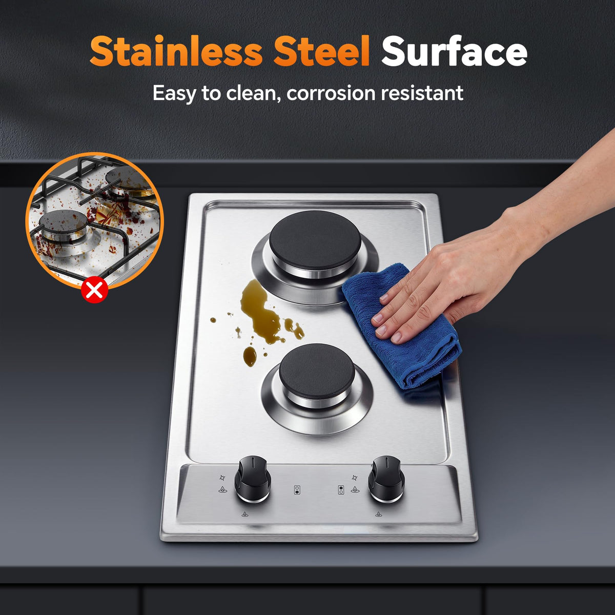 12 Inch 2 Burner Stainless Steel Gas Cooktop X807374