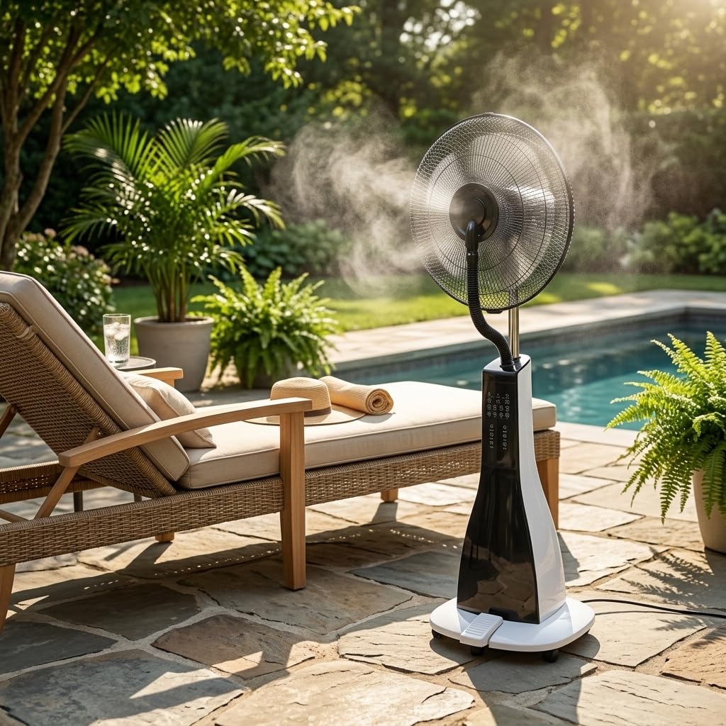 47" Misting Oscillating Pedestal Fan with Water Tank, Remote, Timer, 3 Speeds, Black White Z63905