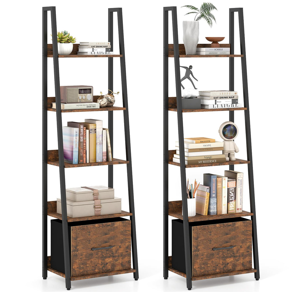 5-Tier Ladder Bookshelf Set of 2 Fabric Drawer Z24701