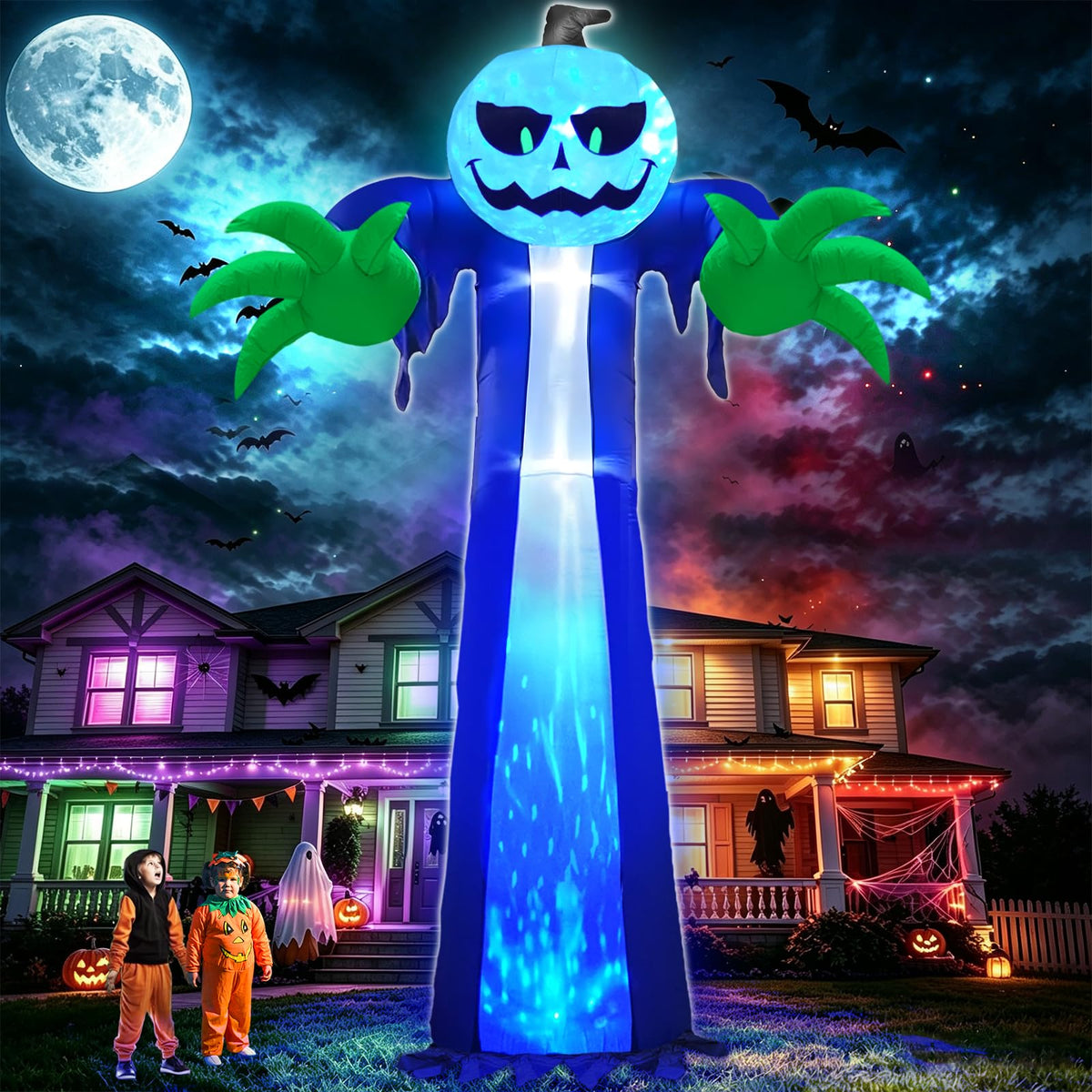 14 Ft Inflatable Pumpkin Ghost Decoration with Rotating LED Light O5179
