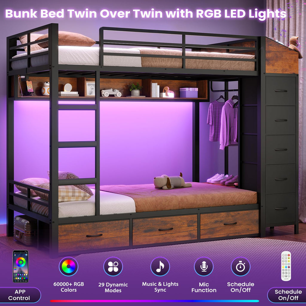 Twin Over Twin Bunk Bed with 8 Storage Drawers and Power Outlets, LED Metal Bunk Bed with Ladder, Black D90557