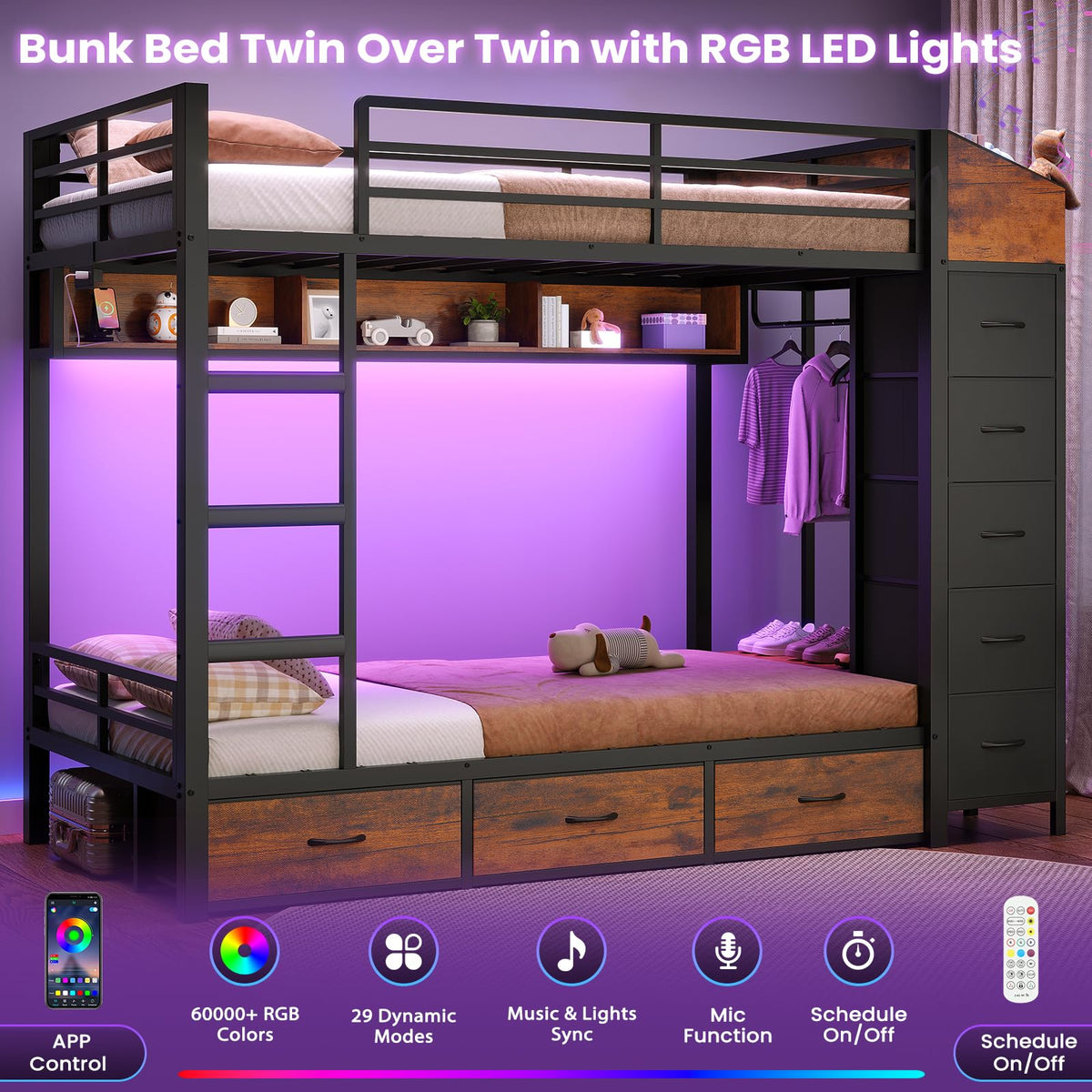 Twin Over Twin Bunk Bed with 8 Storage Drawers and Power Outlets, LED Metal Bunk Bed with Ladder, Black D90557