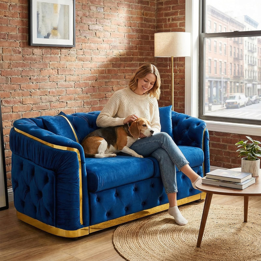 Blue and Gold Velvet Button Tufted Loveseat Sofa I467