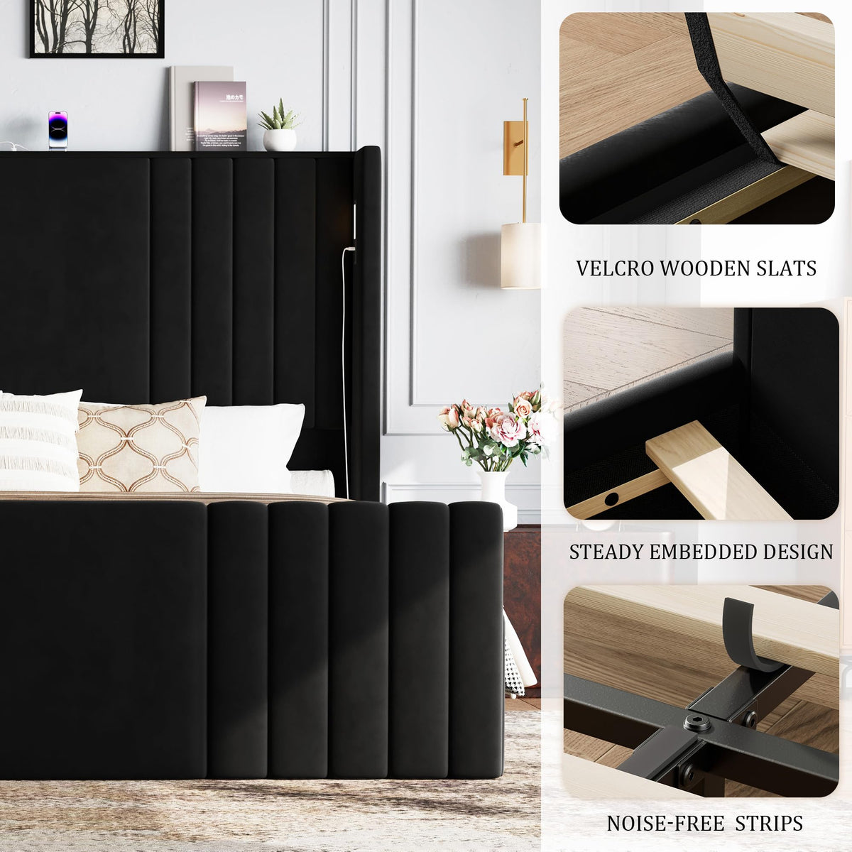 Queen Size Platform Bed Frame with Reading Lights Q18464