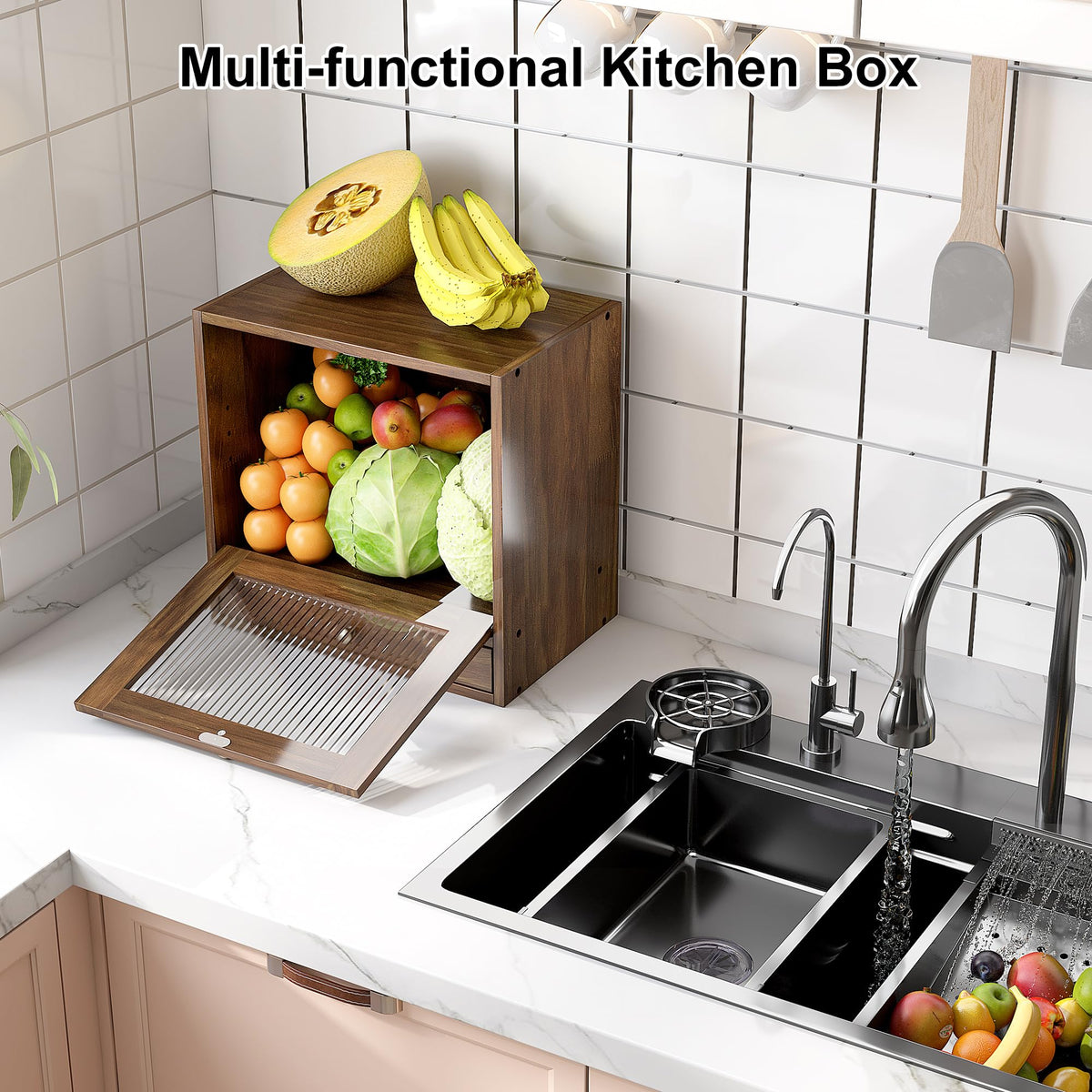 Wooden Bread Box with Drawer & Window P698736