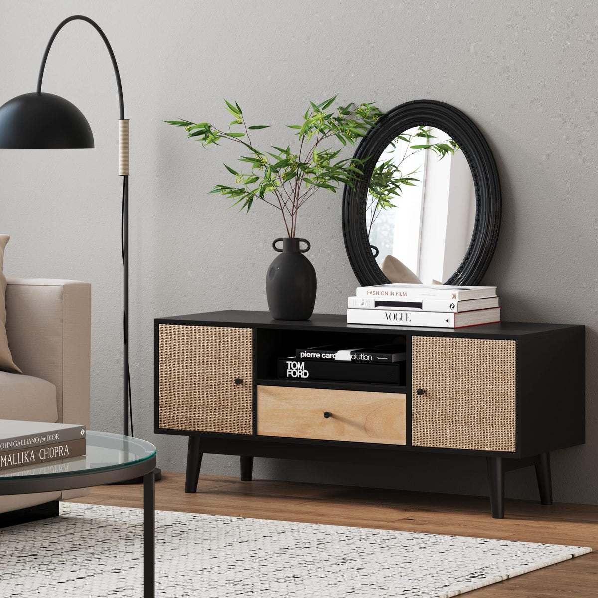 Black Oak Rattan TV Stand with Storage Doors C15813
