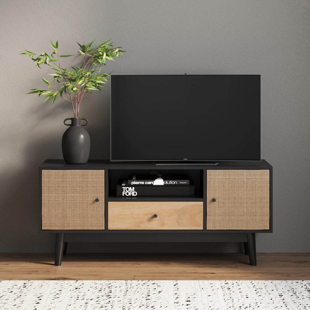 Black Oak Rattan TV Stand with Storage Doors C15813