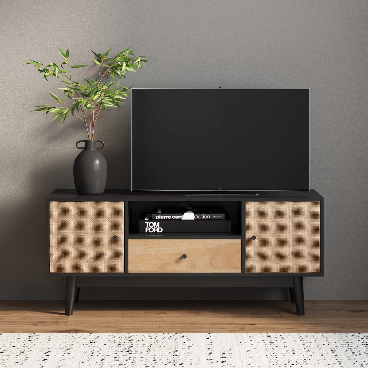 Black Oak Rattan TV Stand with Storage Doors C15813