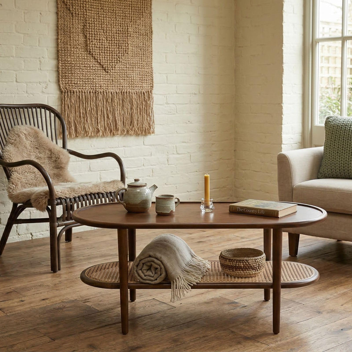 Oval 2-Tier Coffee Table with Rattan Storage Shelf M252477