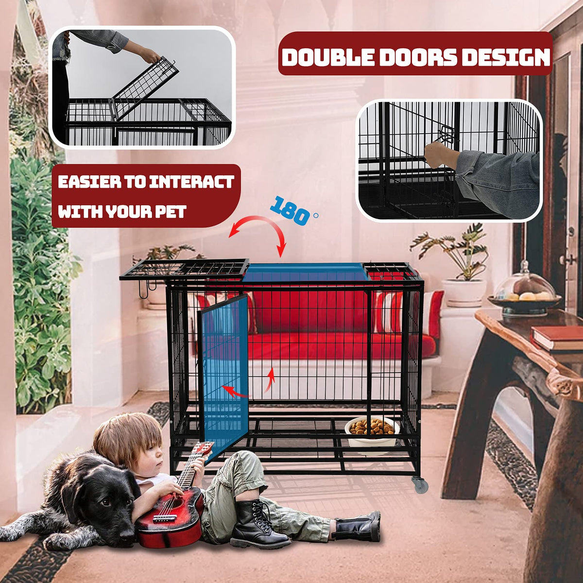 48 inch Heavy Duty Foldable Dog Crate with Lockable Wheels T4162