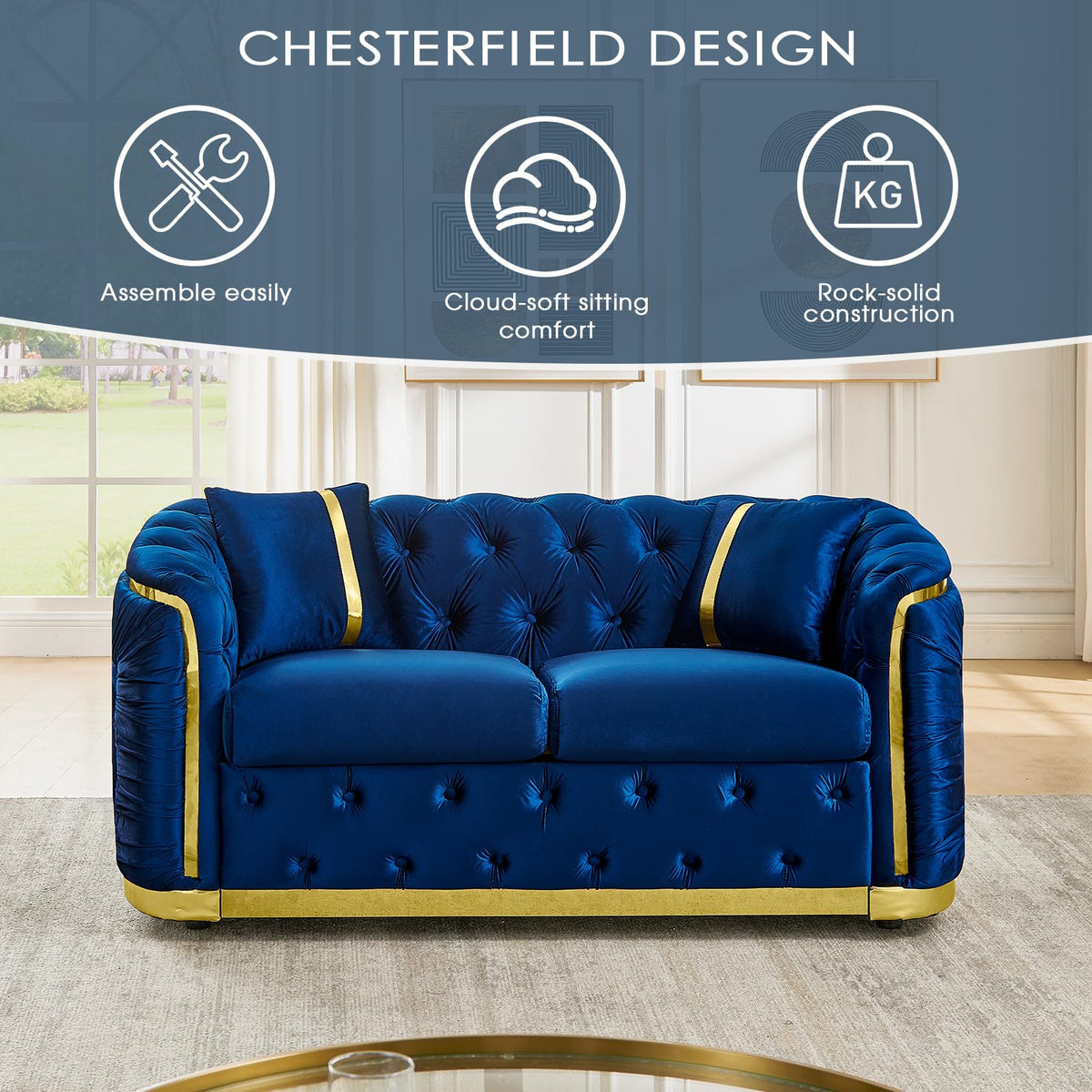 Blue and Gold Velvet Button Tufted Loveseat Sofa I467