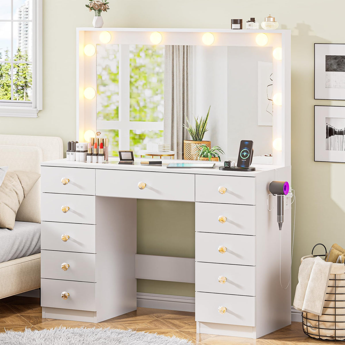 White Vanity Desk with Mirror 10 LED Lights 11 Drawers W328556