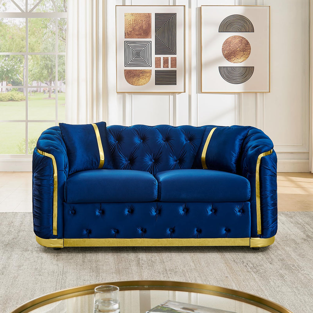 Blue and Gold Velvet Button Tufted Loveseat Sofa I467
