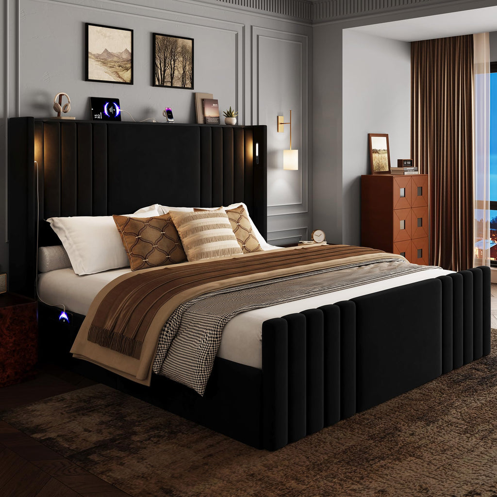 Queen Size Platform Bed Frame with Reading Lights Q18464