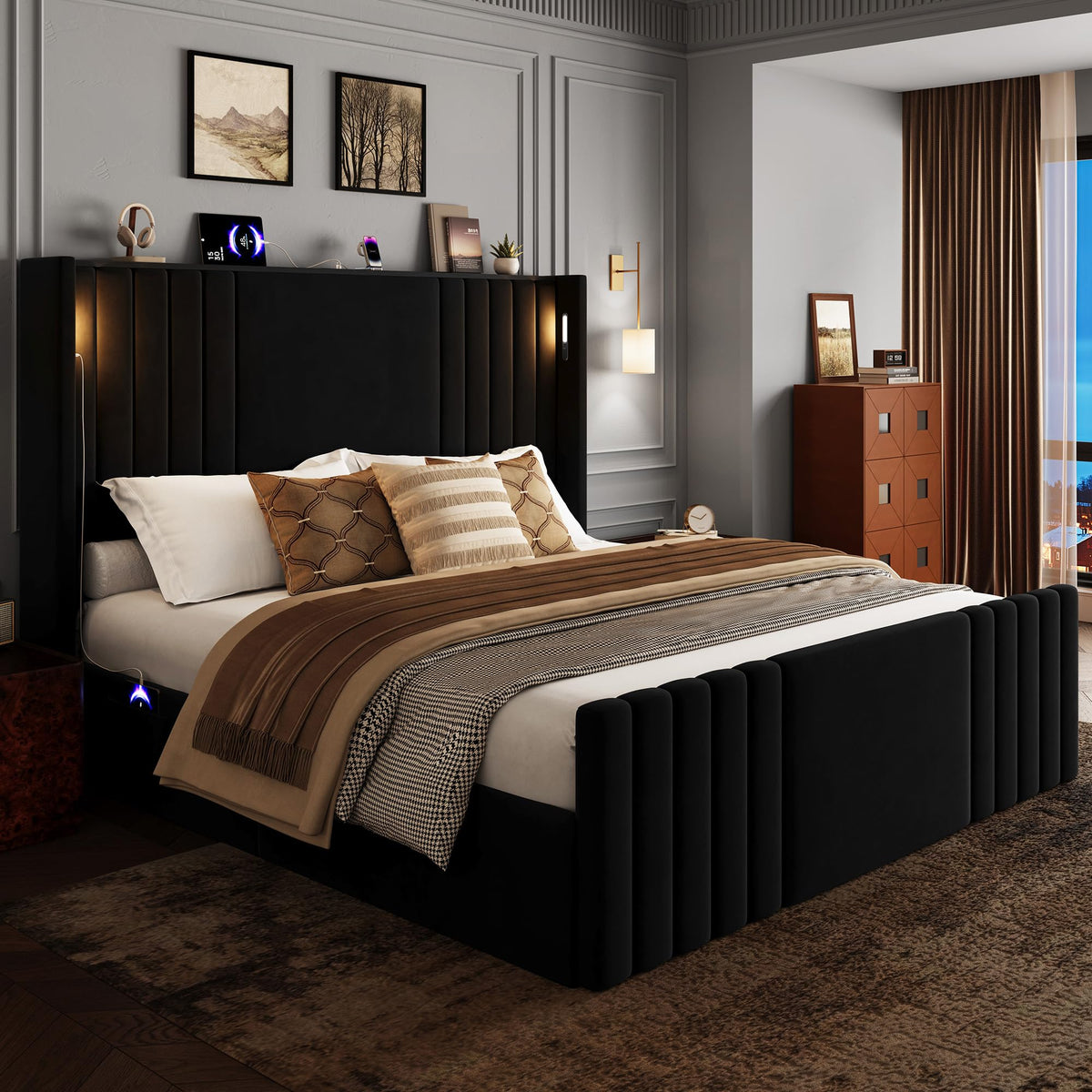 Queen Size Platform Bed Frame with Reading Lights Q18464