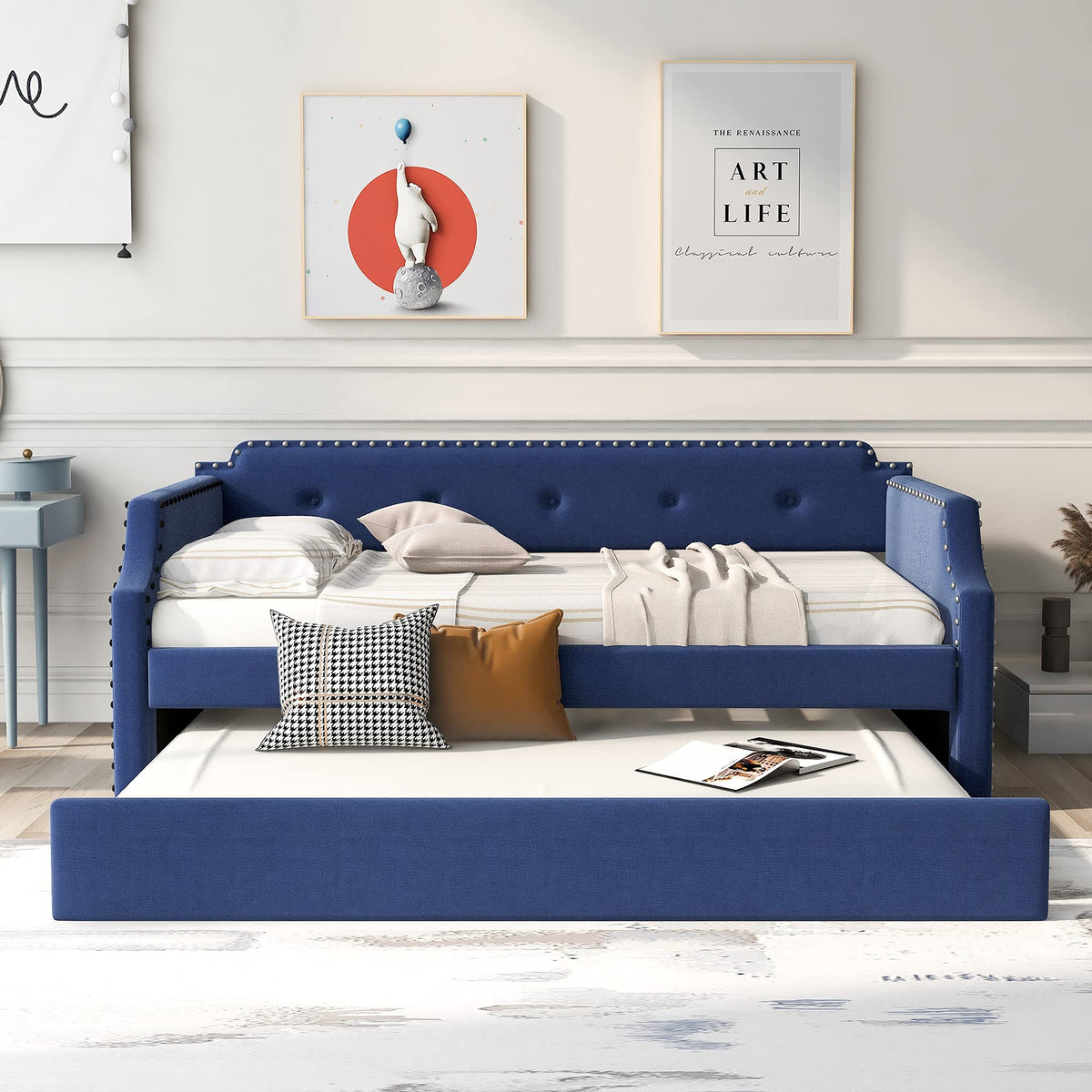 Blue Linen Upholstered Daybed with Trundle Twin Size X68012