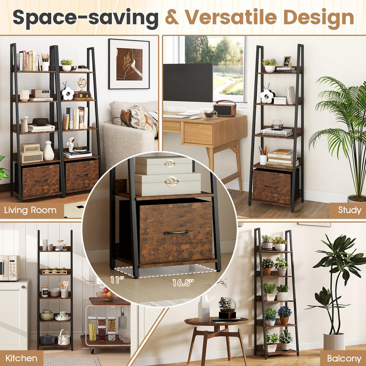 5-Tier Ladder Bookshelf Set of 2 Fabric Drawer Z24701