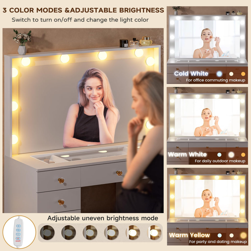 White Vanity Desk with Mirror 10 LED Lights 11 Drawers W328556
