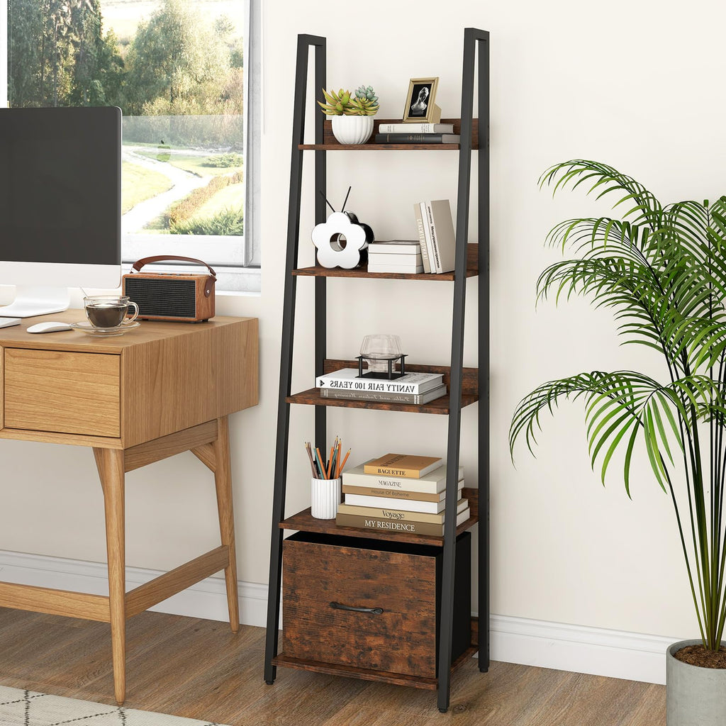 5-Tier Ladder Bookshelf Set of 2 Fabric Drawer Z24701