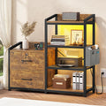 35.4” File Cabinet with 2 Drawer, Power Strip, LED Lights, Lock, Open Shelf, Rustic Brown U169059