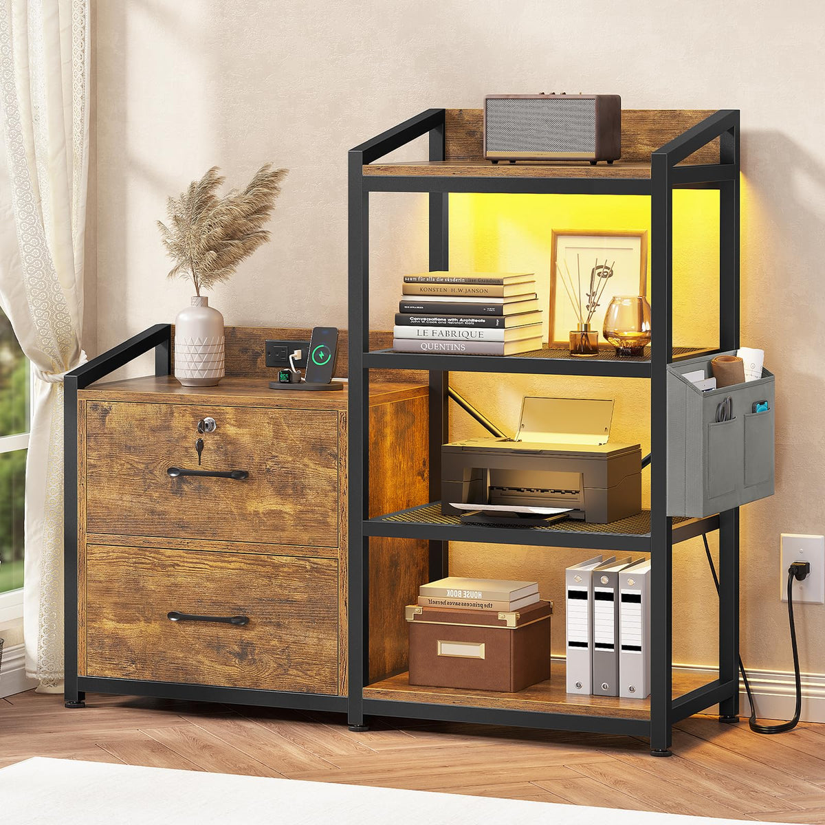 35.4” File Cabinet with 2 Drawer, Power Strip, LED Lights, Lock, Open Shelf, Rustic Brown U169059