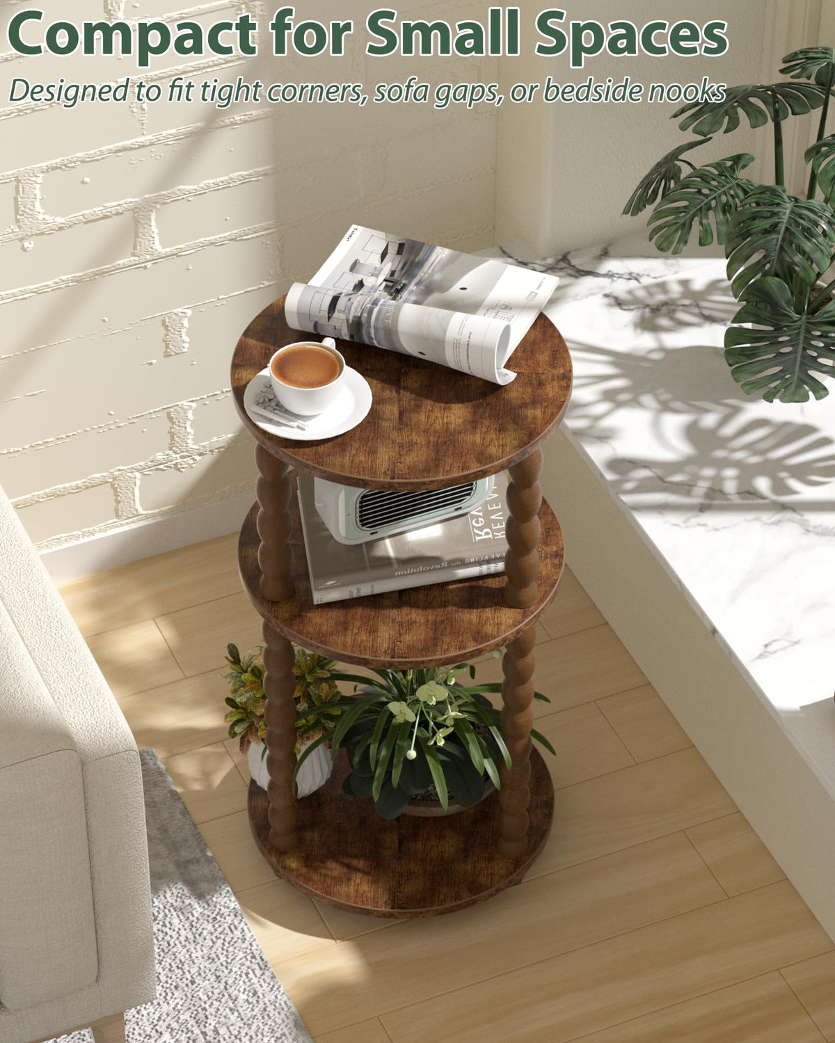 3 Tier Round Side Table with Spindle Wood Legs X92726