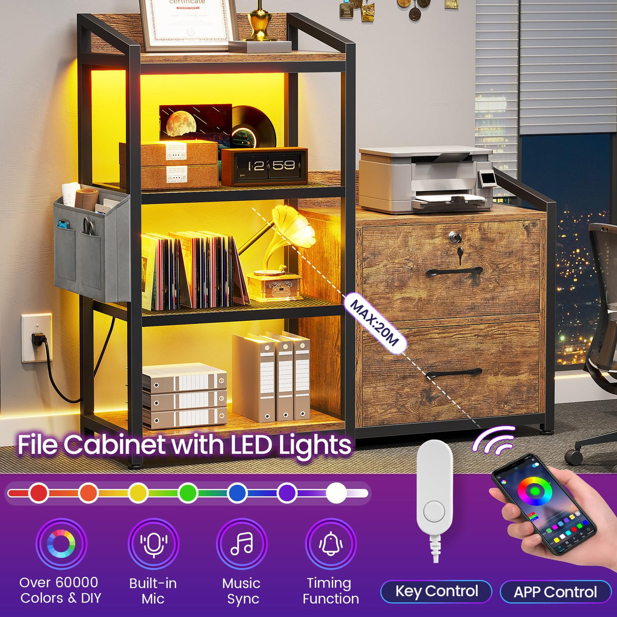 35.4” File Cabinet with 2 Drawer, Power Strip, LED Lights, Lock, Open Shelf, Rustic Brown U169059