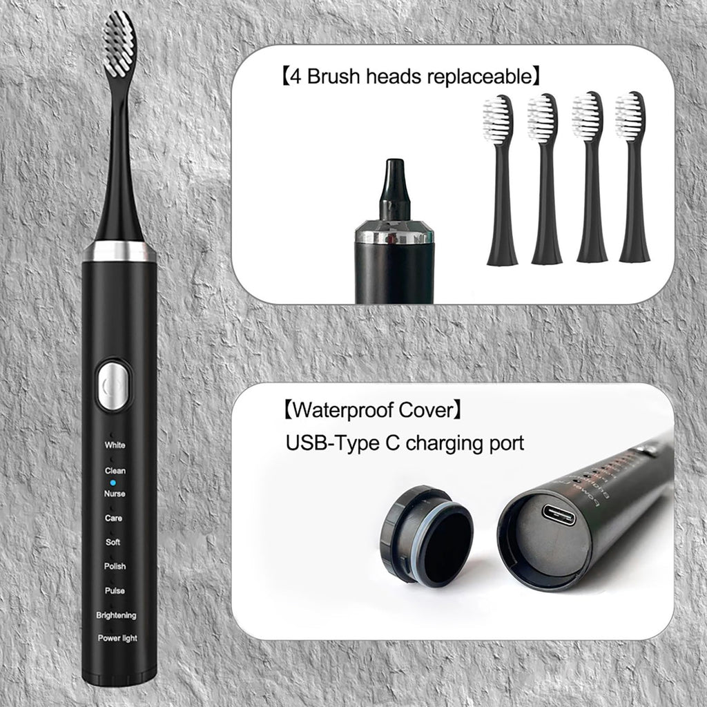 Black Rechargeable Electric Toothbrush with 4 Replacement Heads Q383184