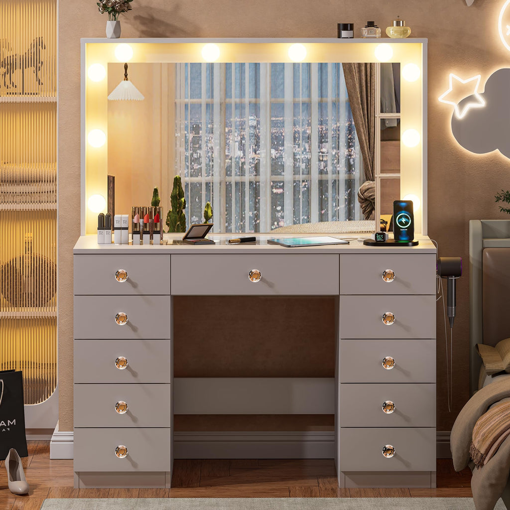 White Vanity Desk with Mirror 10 LED Lights 11 Drawers W328556
