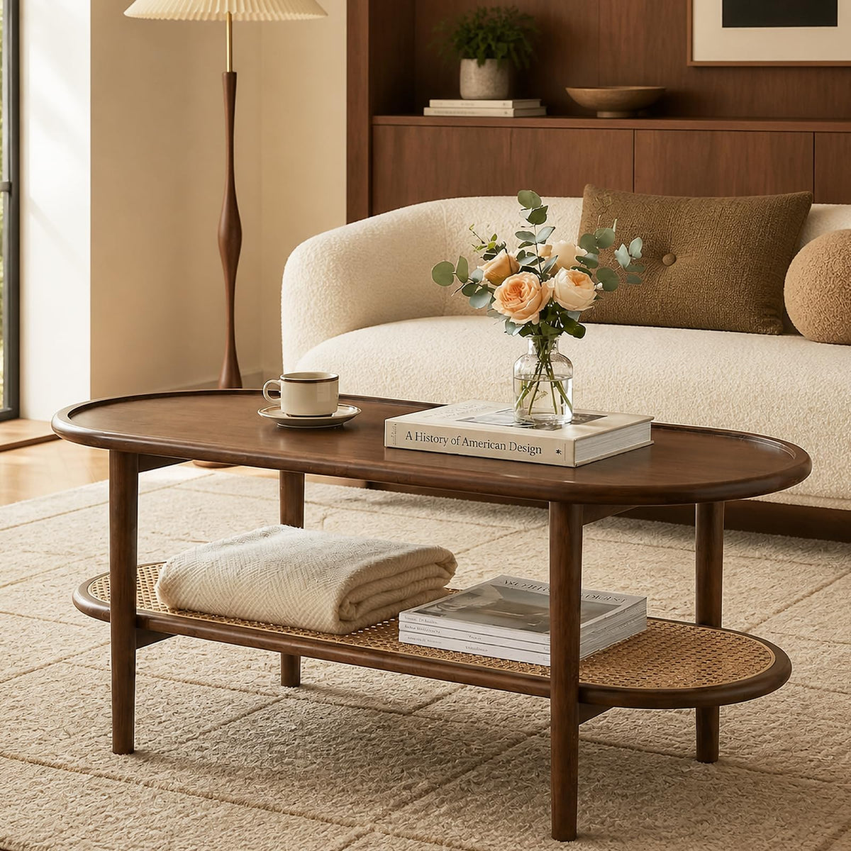 Oval 2-Tier Coffee Table with Rattan Storage Shelf M252477