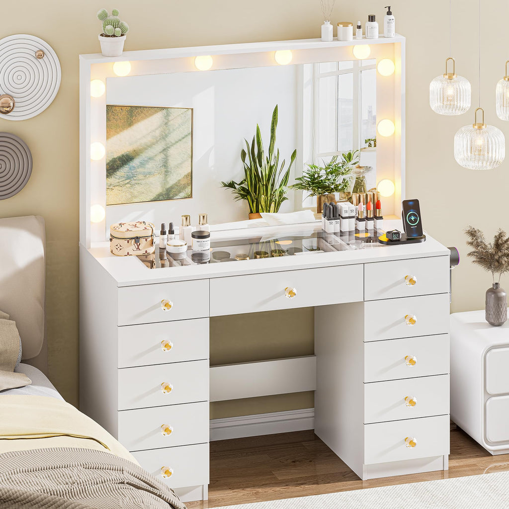 White Vanity Desk with Mirror 10 LED Lights 11 Drawers W328556