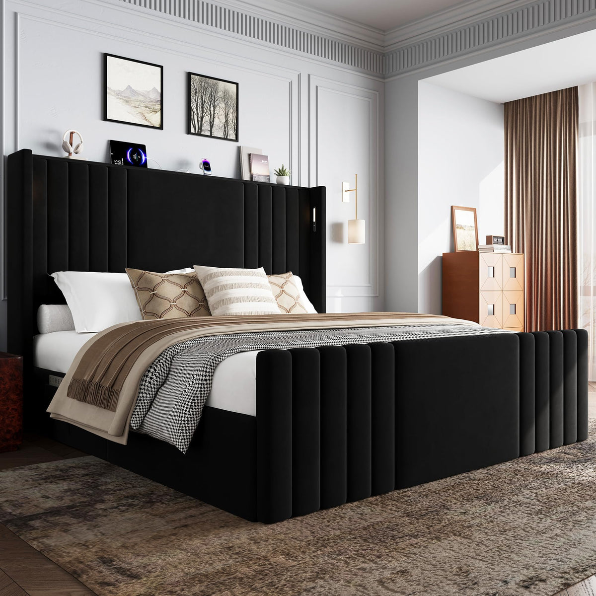 Queen Size Platform Bed Frame with Reading Lights Q18464