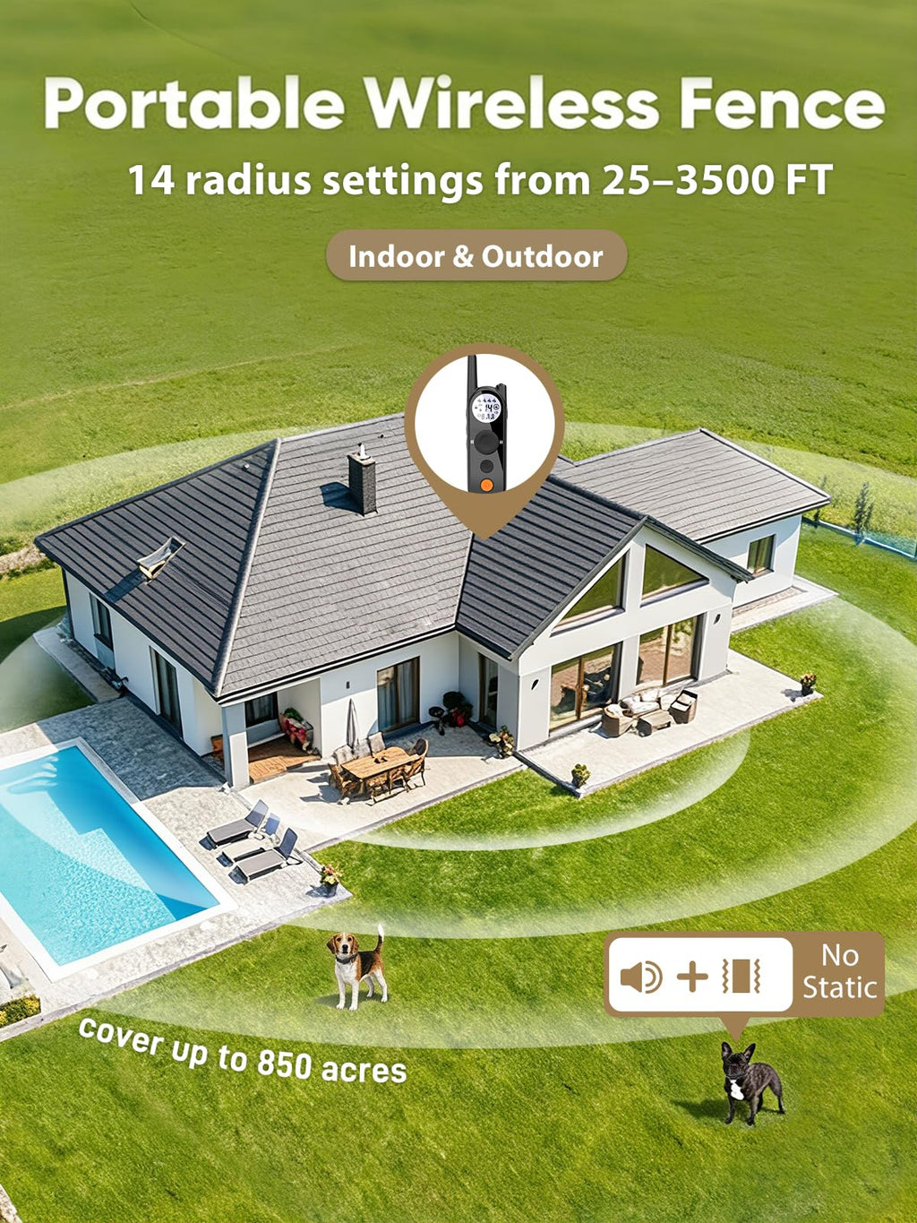 Wireless Dog Fence Up to 3500ft Waterproof Rechargeable Pet Containment System N6404