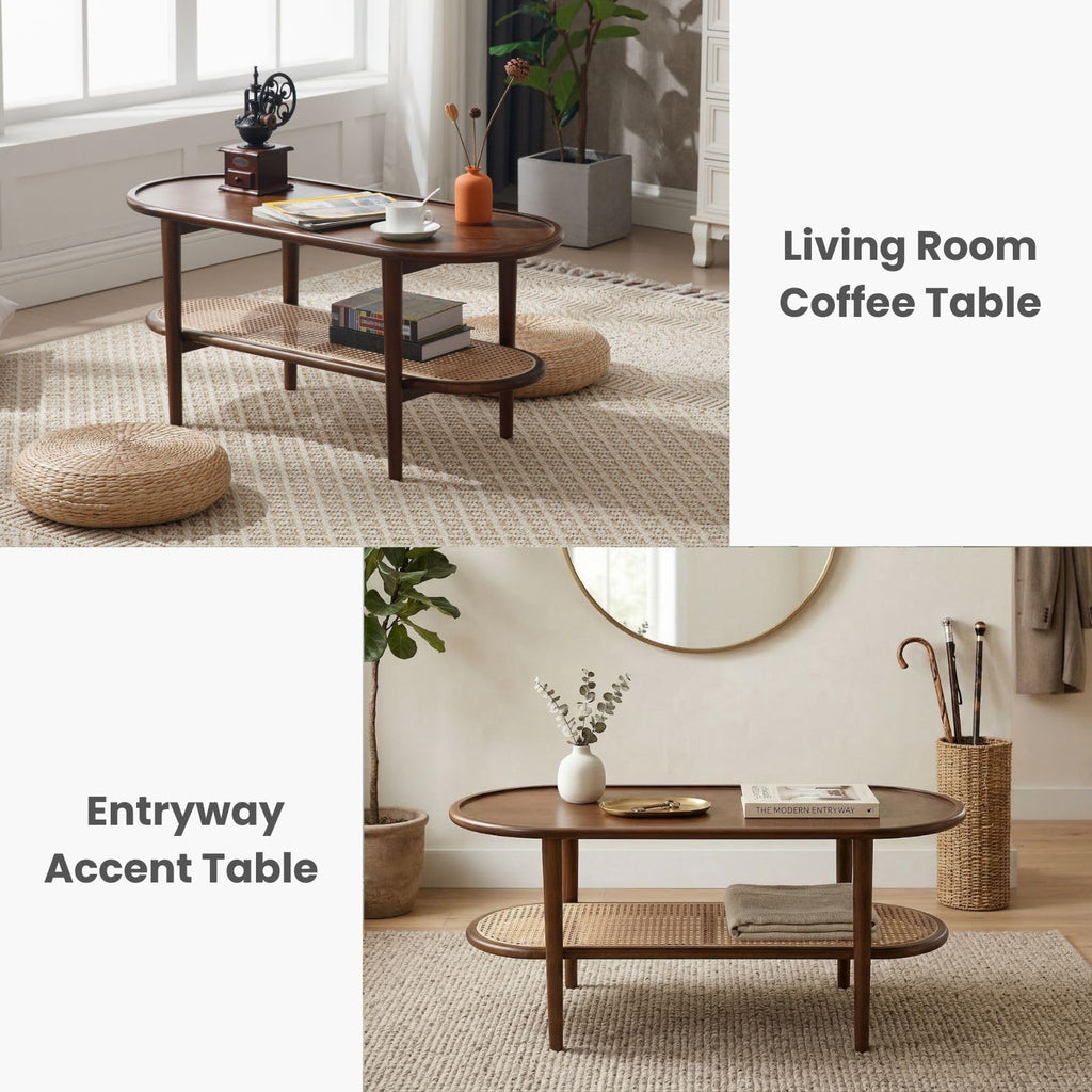 Oval 2-Tier Coffee Table with Rattan Storage Shelf M252477