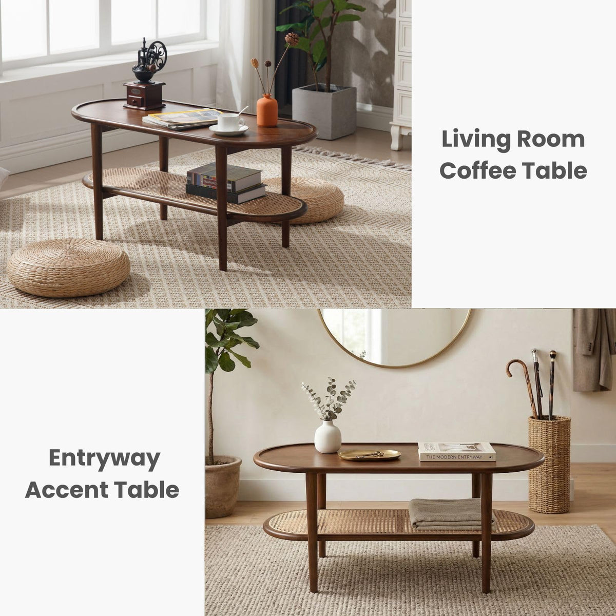 Oval 2-Tier Coffee Table with Rattan Storage Shelf M252477