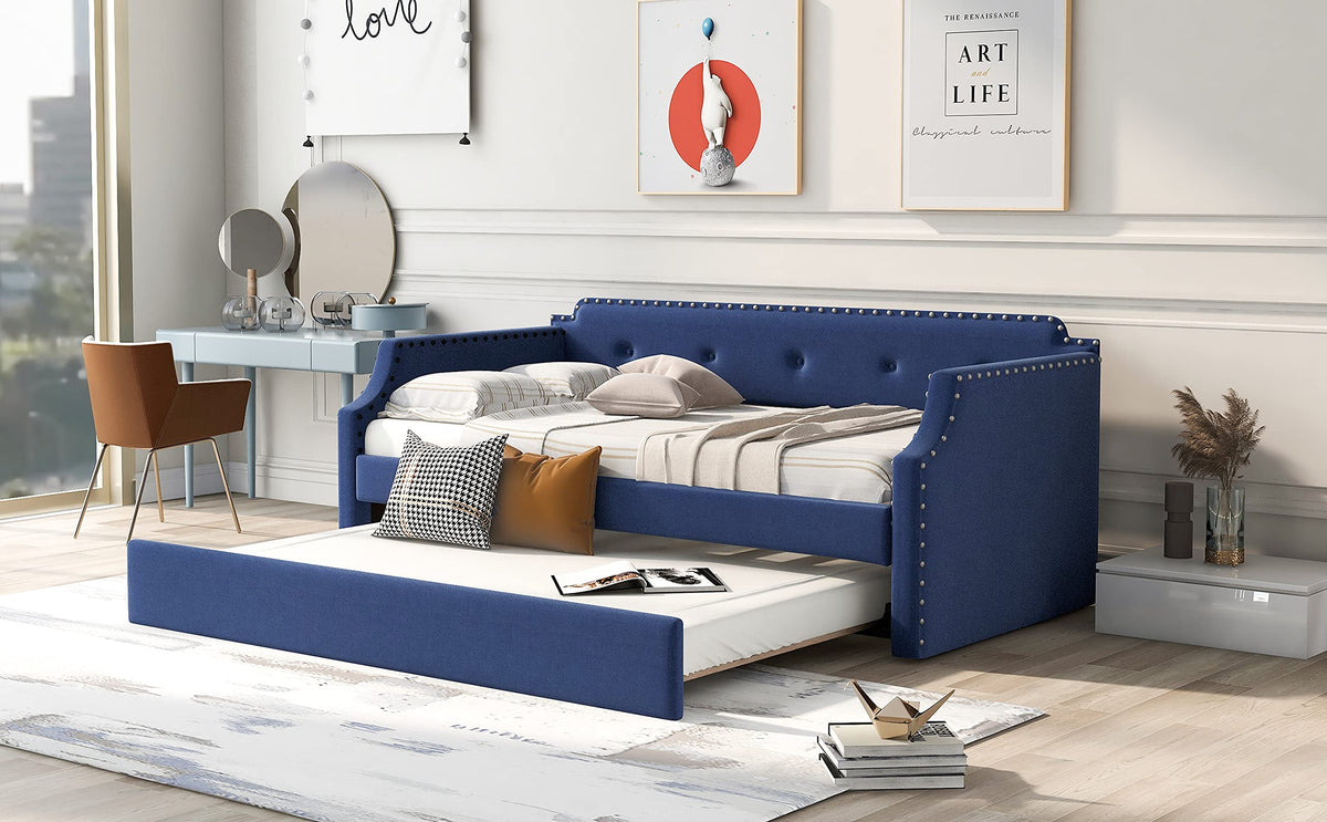 Blue Linen Upholstered Daybed with Trundle Twin Size X68012
