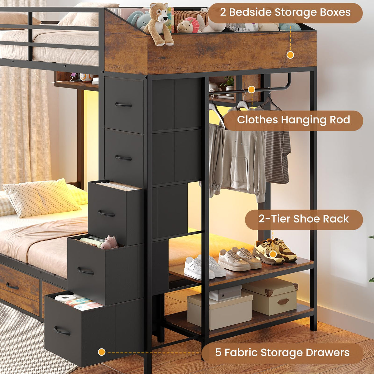 Twin Over Twin Bunk Bed with 8 Storage Drawers and Power Outlets, LED Metal Bunk Bed with Ladder, Black D90557