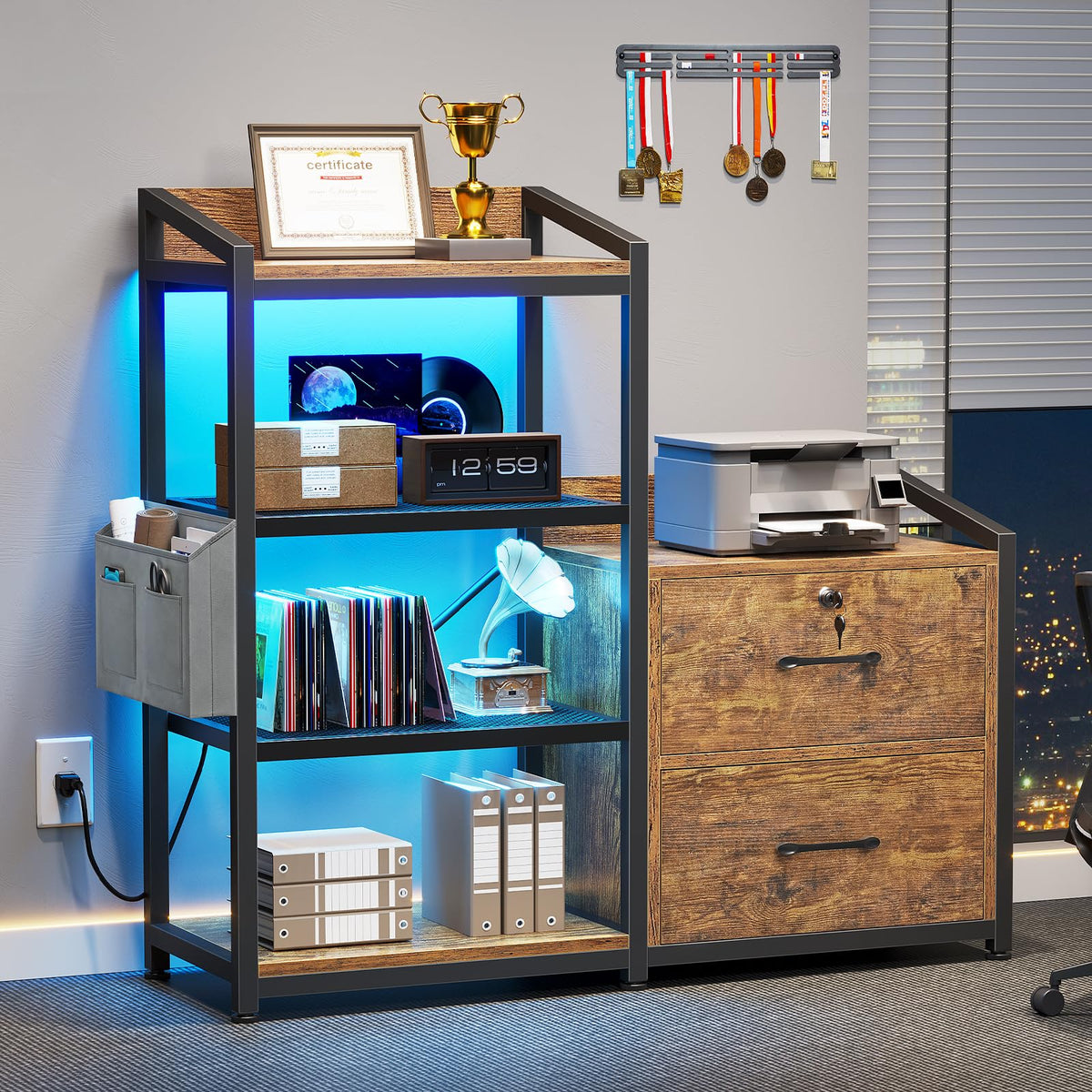 35.4” File Cabinet with 2 Drawer, Power Strip, LED Lights, Lock, Open Shelf, Rustic Brown U169059