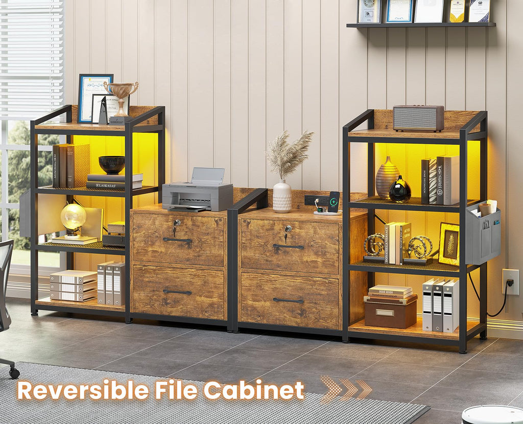 35.4” File Cabinet with 2 Drawer, Power Strip, LED Lights, Lock, Open Shelf, Rustic Brown U169059