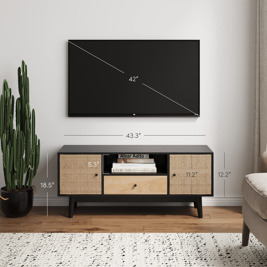 Black Oak Rattan TV Stand with Storage Doors C15813