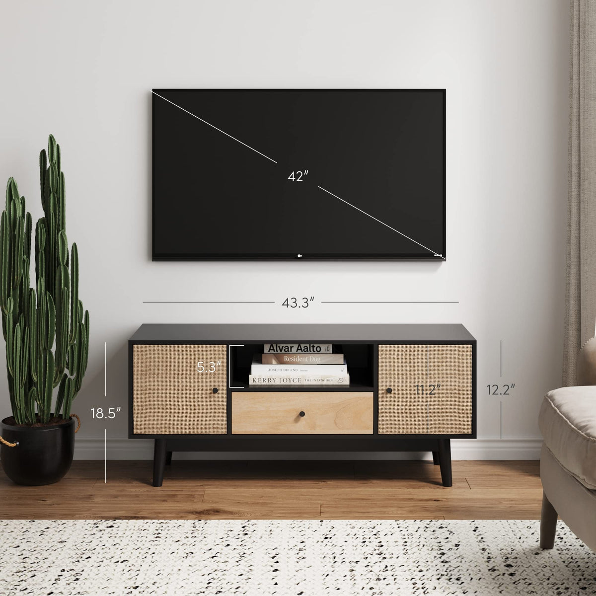 Black Oak Rattan TV Stand with Storage Doors C15813