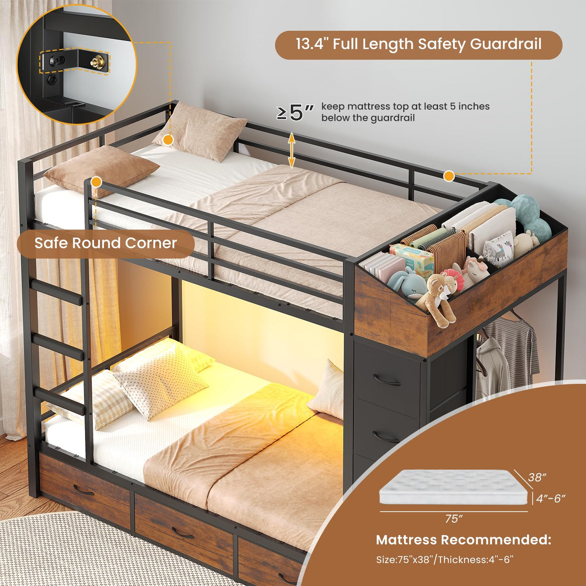 Twin Over Twin Bunk Bed with 8 Storage Drawers and Power Outlets, LED Metal Bunk Bed with Ladder, Black D90557