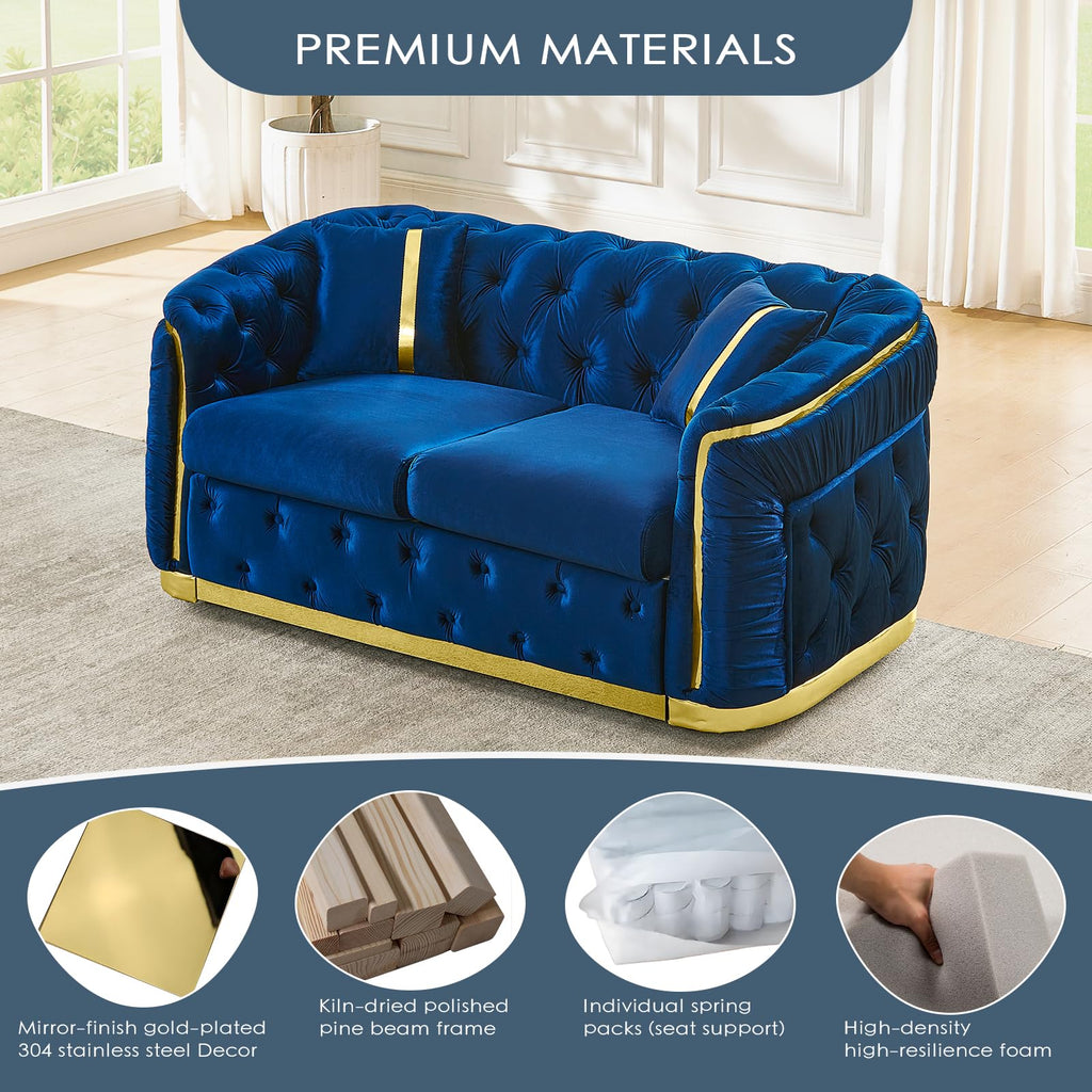 Blue and Gold Velvet Button Tufted Loveseat Sofa I467