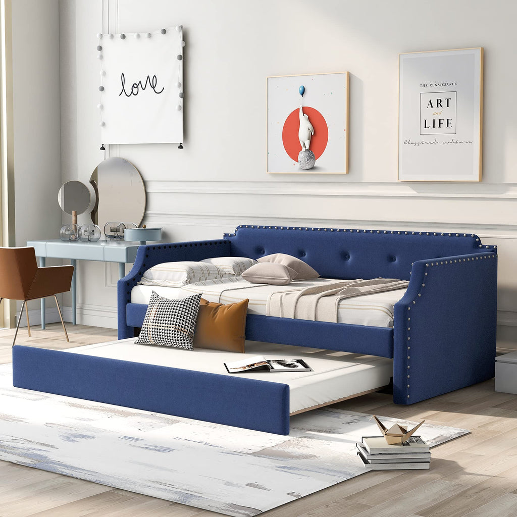 Blue Linen Upholstered Daybed with Trundle Twin Size X68012