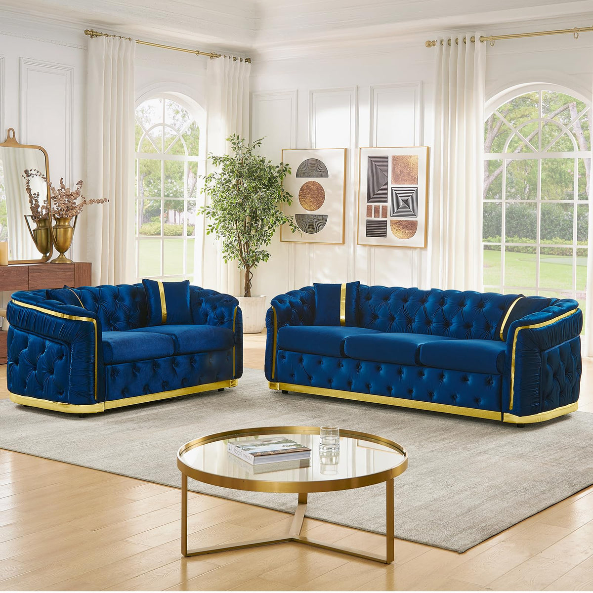 Blue and Gold Velvet Button Tufted Loveseat Sofa I467