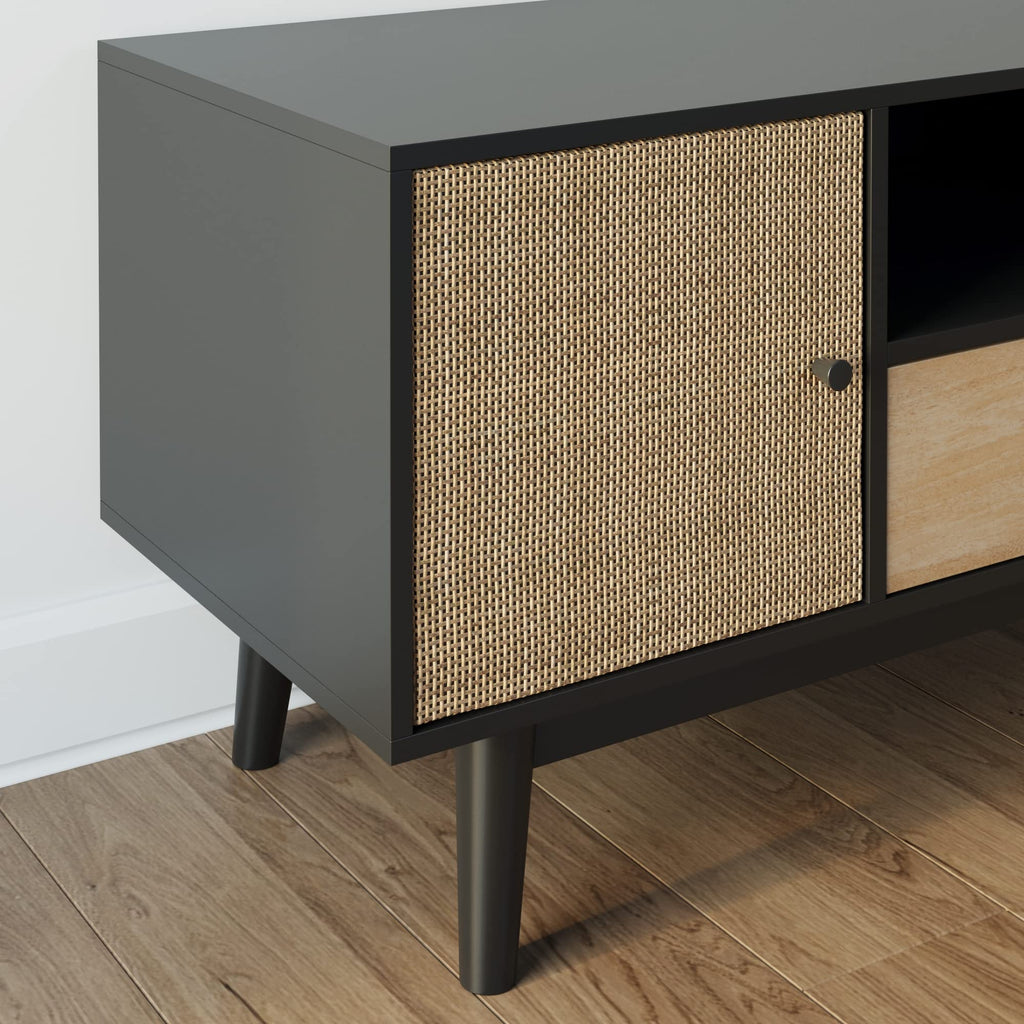 Black Oak Rattan TV Stand with Storage Doors C15813