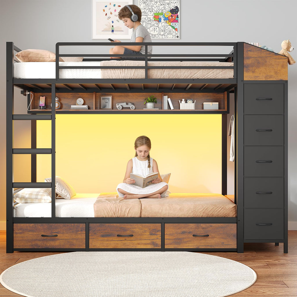 Twin Over Twin Bunk Bed with 8 Storage Drawers and Power Outlets, LED Metal Bunk Bed with Ladder, Black D90557