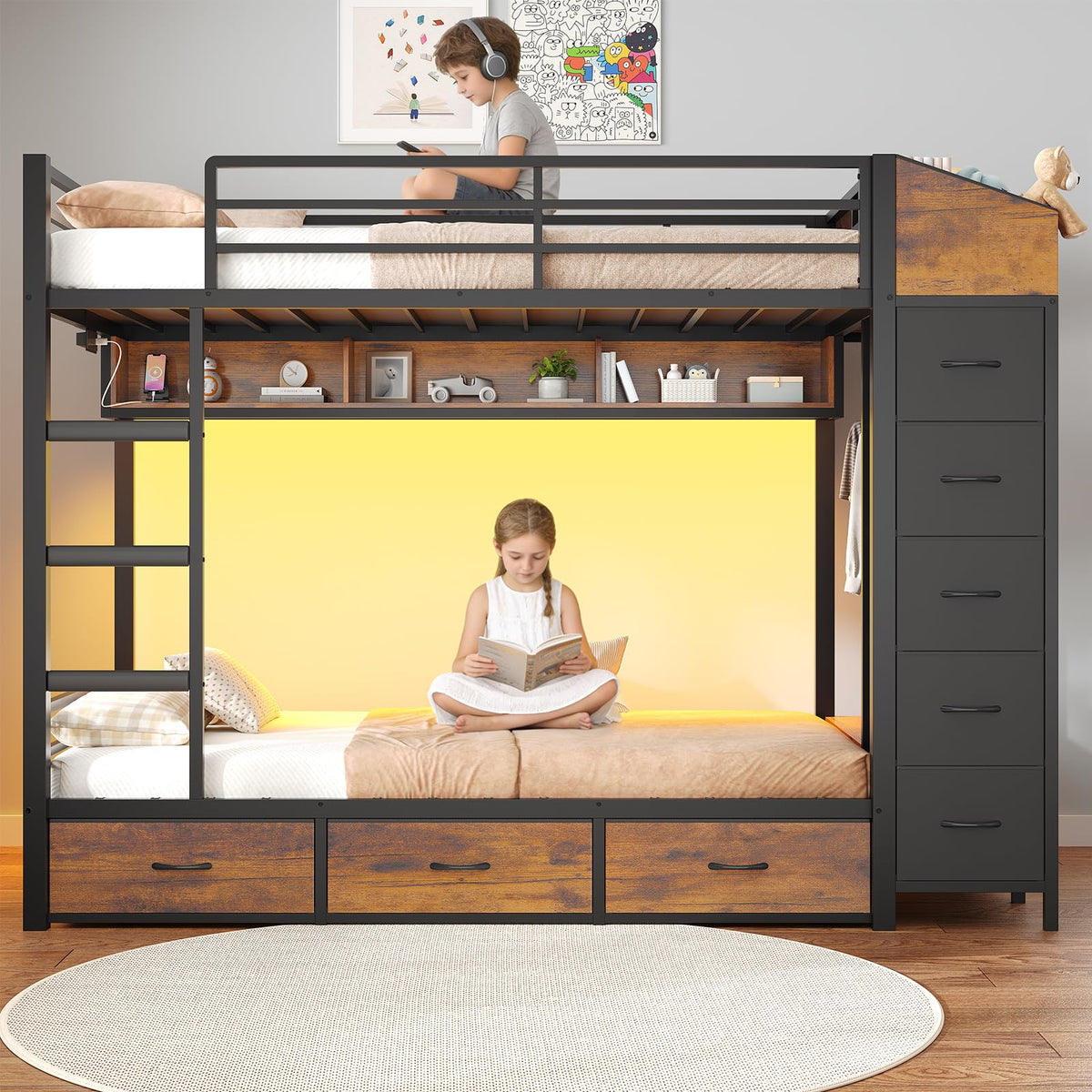 Twin Over Twin Bunk Bed with 8 Storage Drawers and Power Outlets, LED Metal Bunk Bed with Ladder, Black D90557