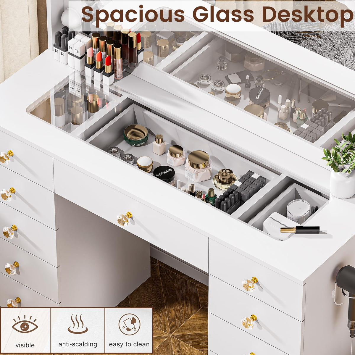 White Vanity Desk with Mirror 10 LED Lights 11 Drawers W328556